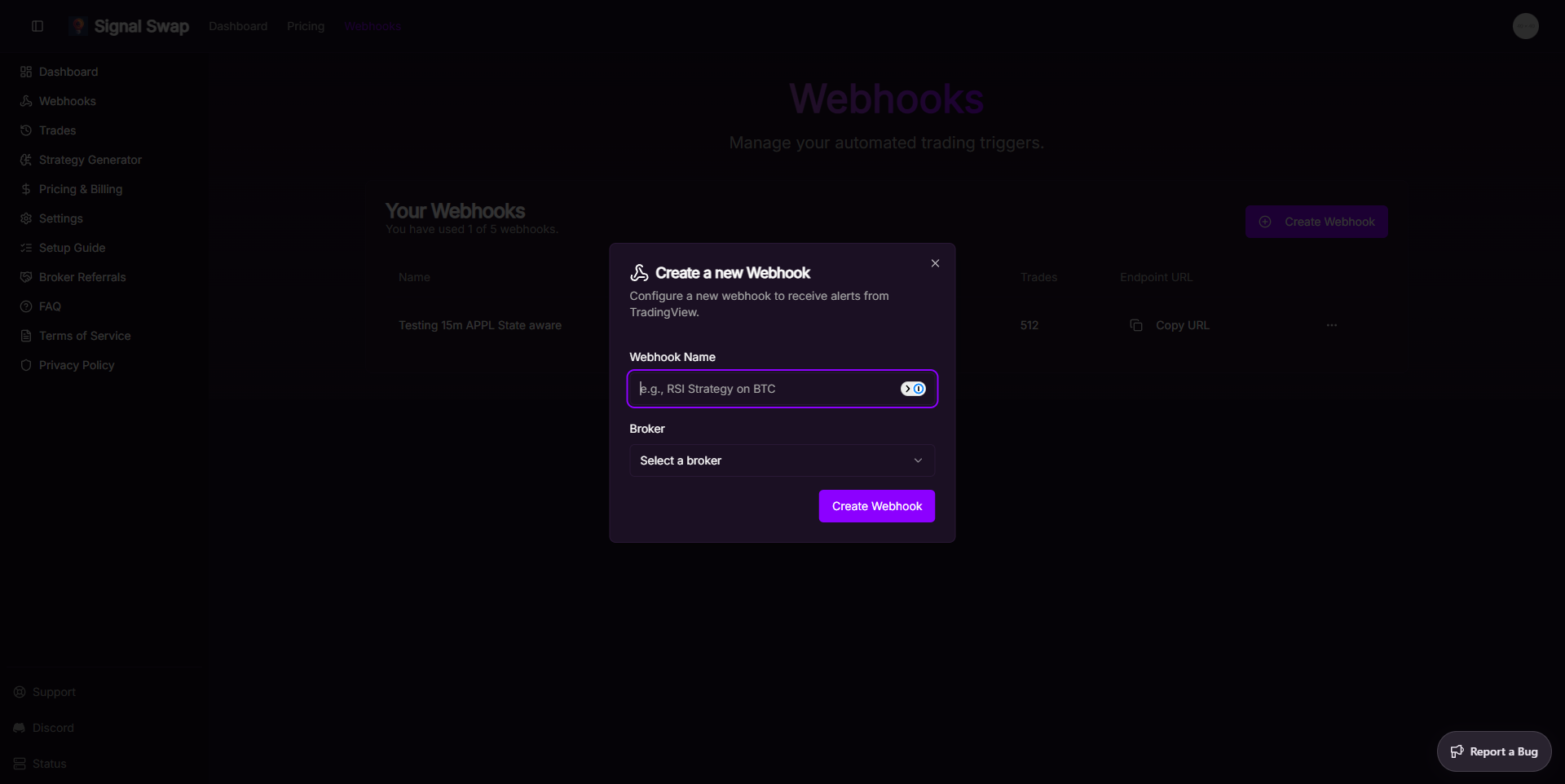 Create Webhook success dialog in Signal Swap showing the new webhook URL.