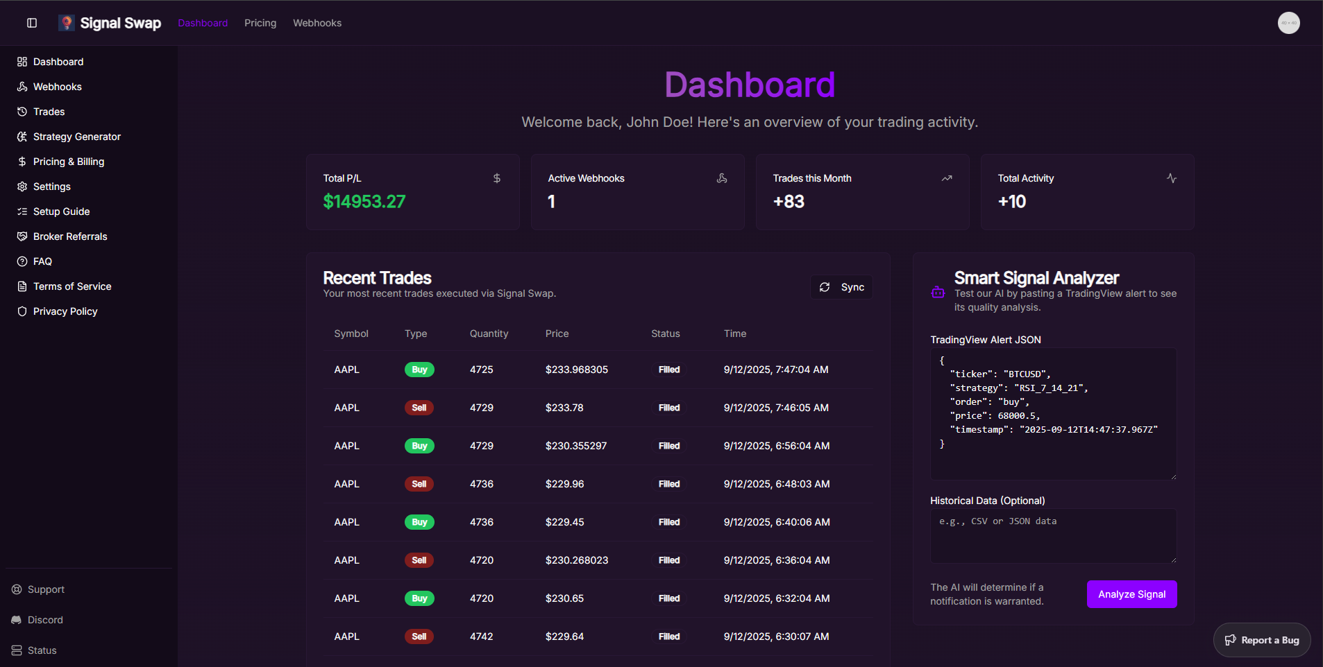 Signal Swap application dashboard showing charts and trade history